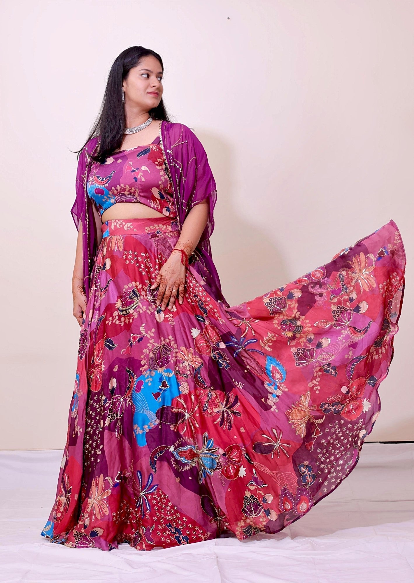 Embroidered Printed Lehenga Set with Sheer Floral Hand Embrodered Cape
