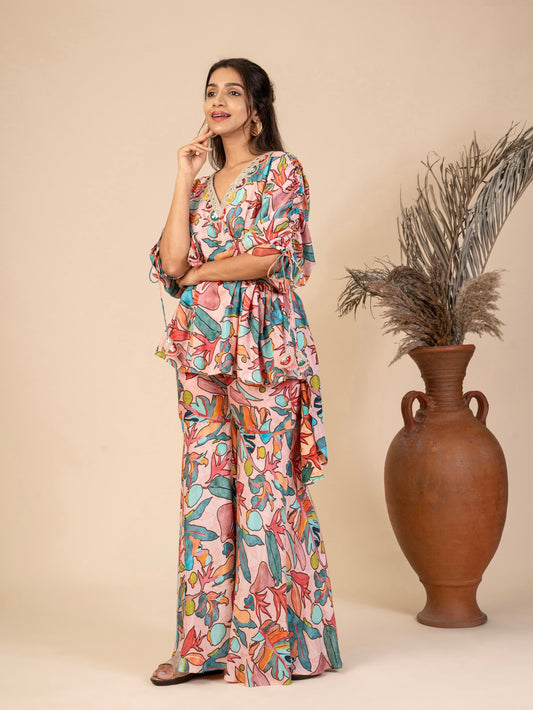 Floral Pleated High-Low Kaftan Top with Gota Lace and Bell-Bottom Sharara Pants Co-ord Set