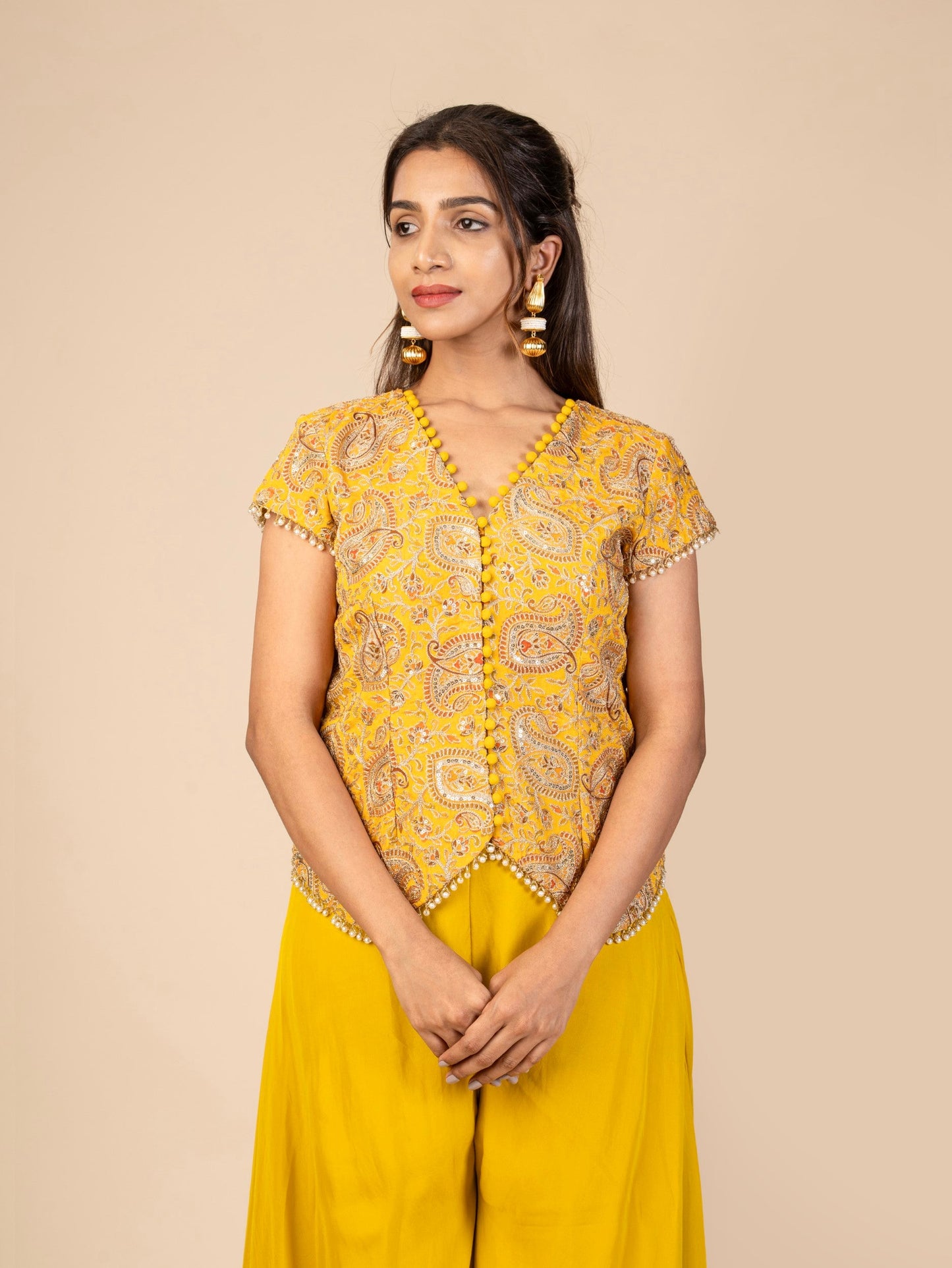 Cap-Sleeve V-Neck Waistcoat Top with Pearl Embellishments and Flared Sharara Indo-Fusion Set