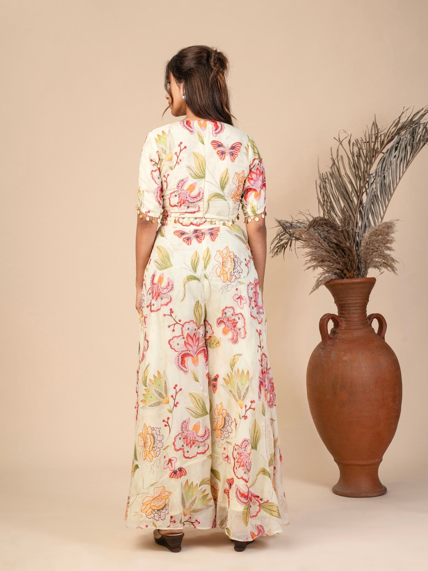 Three-Piece Indo-Western Set with Crop Top, Flared Sharara, and Scalloped Cape embellished with coins and shells