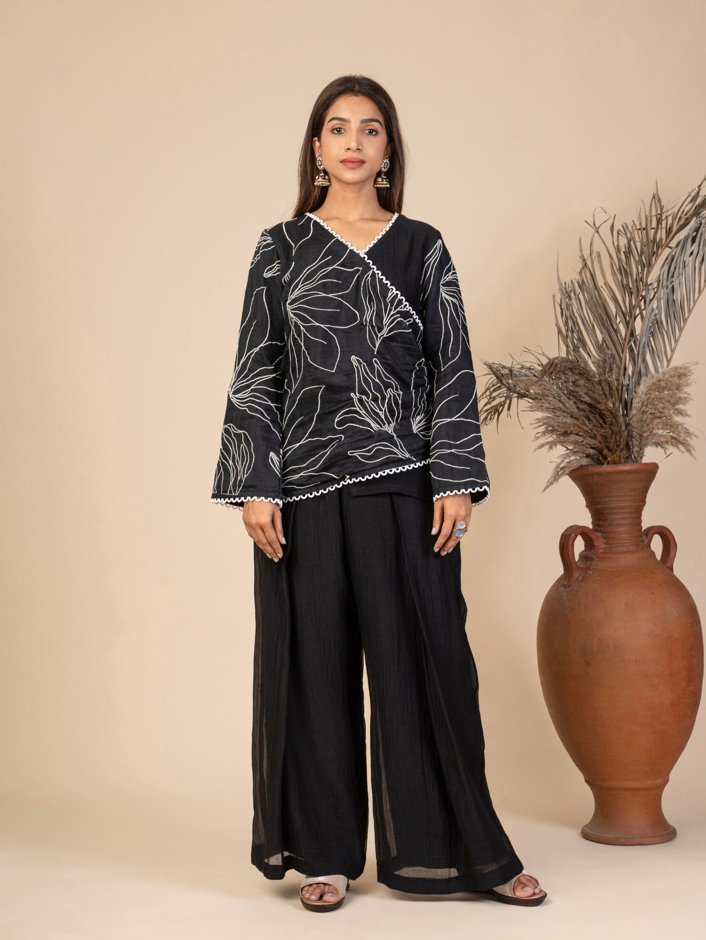 Overlap Top with Bell Sleeves and Cotton Loop Lace, Paired with Wide-Leg Pleated Pants Co-ord Set