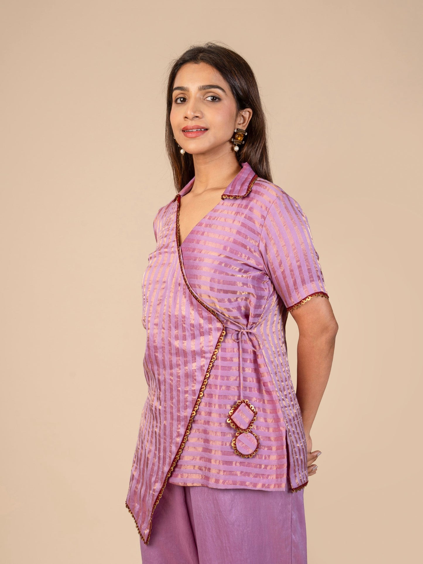 Short-Sleeve Wrap Top with Collared Neckline and Straight Pants Co-ord Set