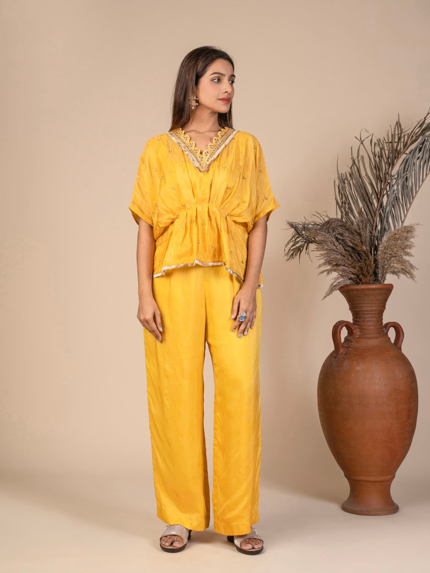Pleated Kaftan Top with Gota & Fringe Lace and Straight-Leg Pants Co-ord Set