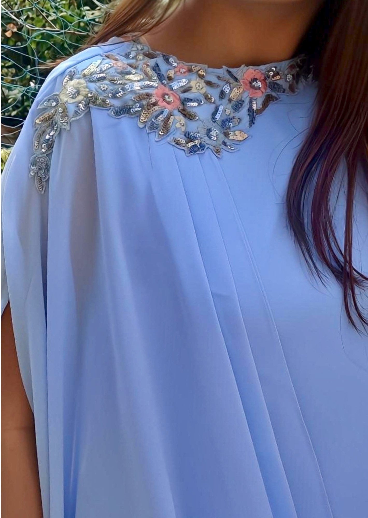 Calf-Length Draped Tunic Dress with Hand-Embroidered Neckline