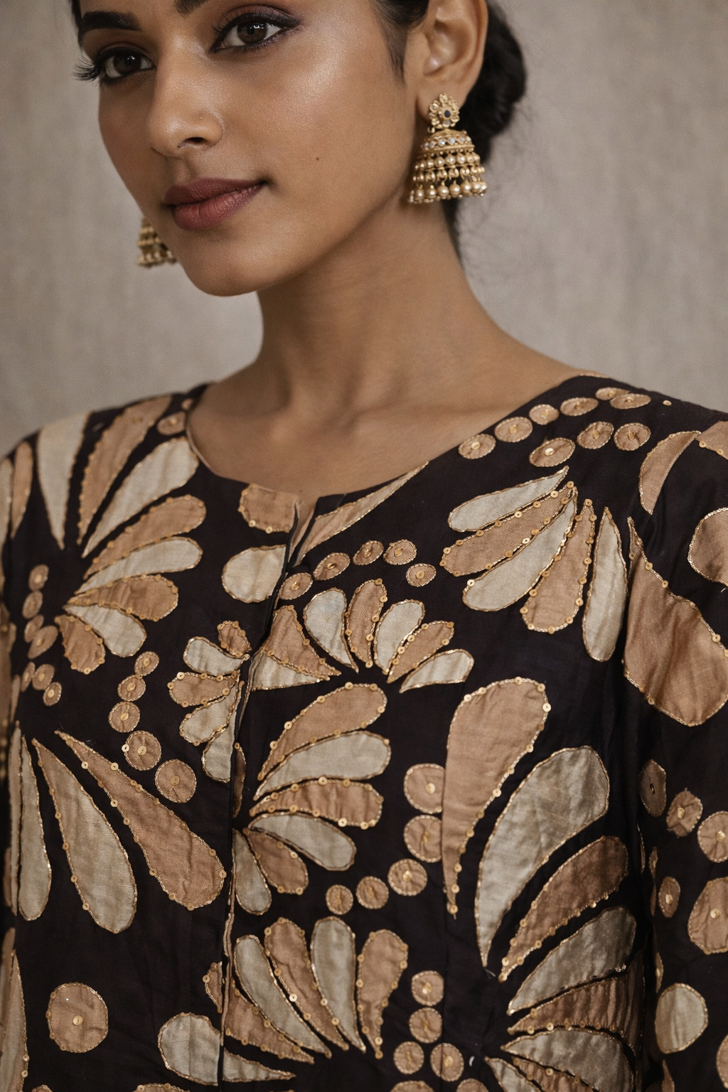 Dark Brown Floral Kurta Sharara Set With Zari Embroidery