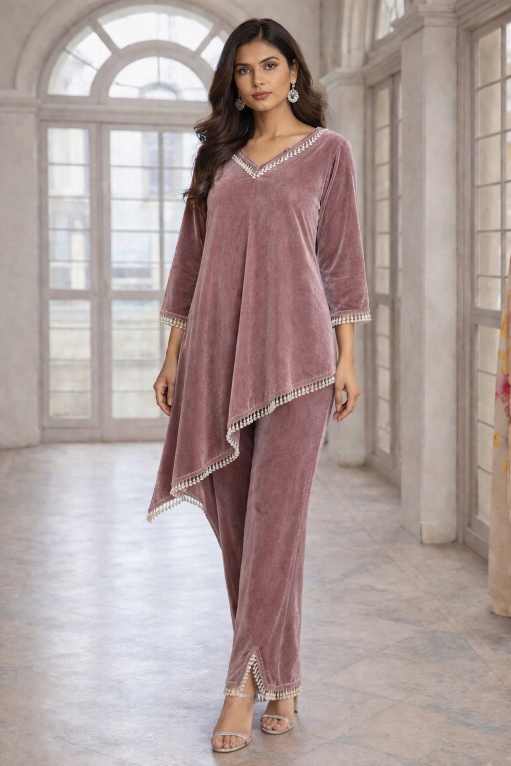 Dusty Rose Asymmetric Velvet Kurta Set