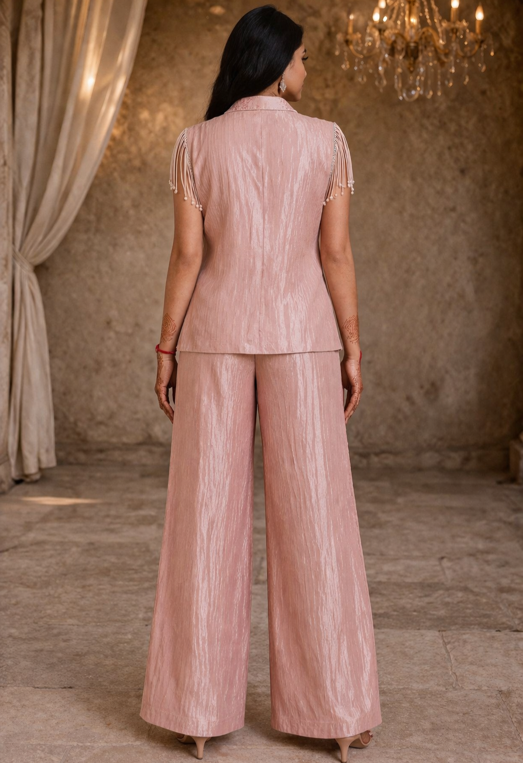 Pure Tissue Co-ord Set with Embroidered Collar & Fringe Detailing