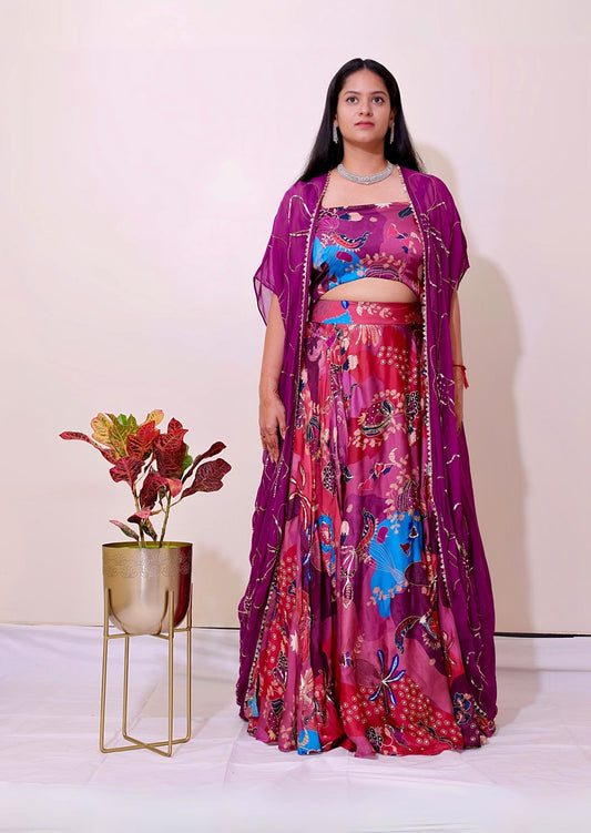 Embroidered Printed Lehenga Set with Sheer Floral Hand Embrodered Cape