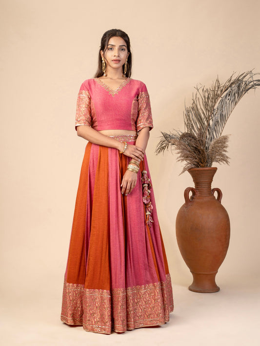 Pure silk double-shaded Kalidar Lehenga Set with Zardozi embroidery