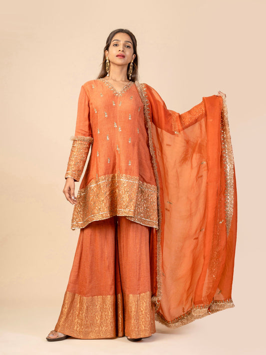 Pure silk Three-Piece Sharara Set: short anarkali,flared kalidhar sharara, organza dupatta with zardozi embroidery