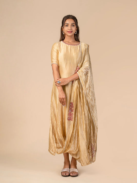 Indo-Western Draped gown with contrasting Floral Cutwork embroidery