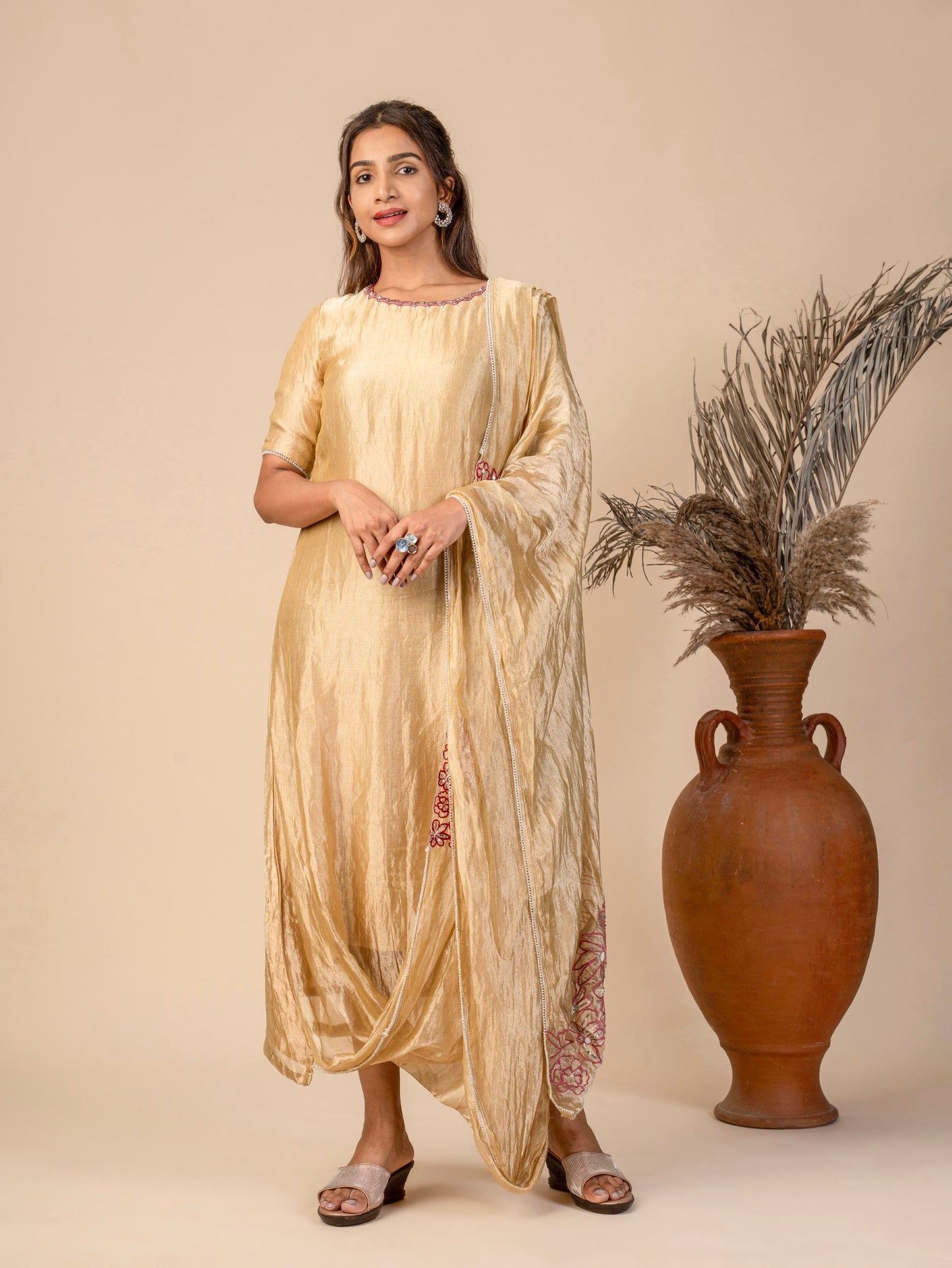 Indo-Western Draped gown with contrasting Floral Cutwork embroidery