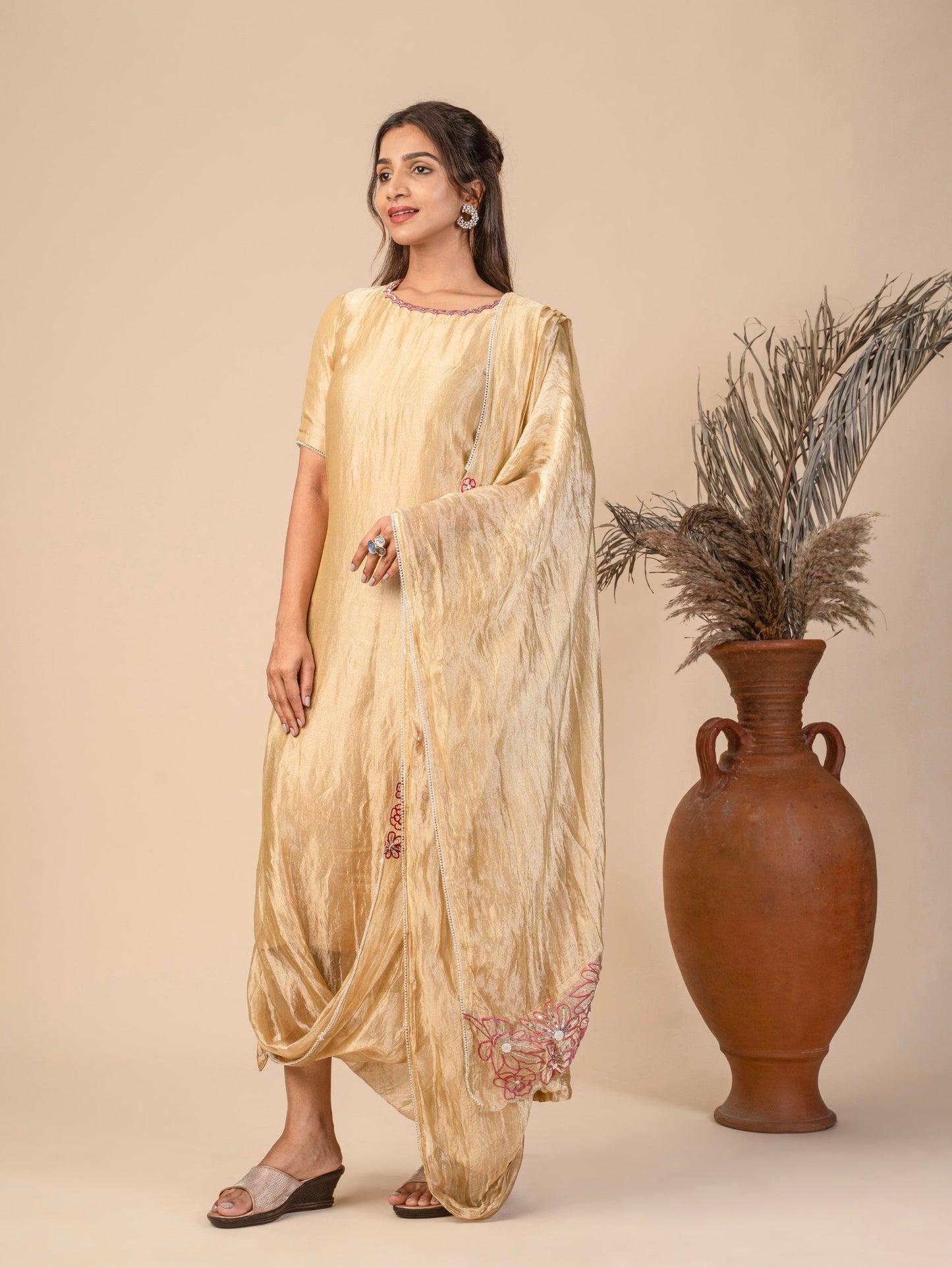 Indo-Western Draped gown with contrasting Floral Cutwork embroidery