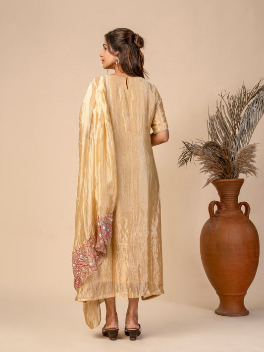 Indo-Western Draped gown with contrasting Floral Cutwork embroidery