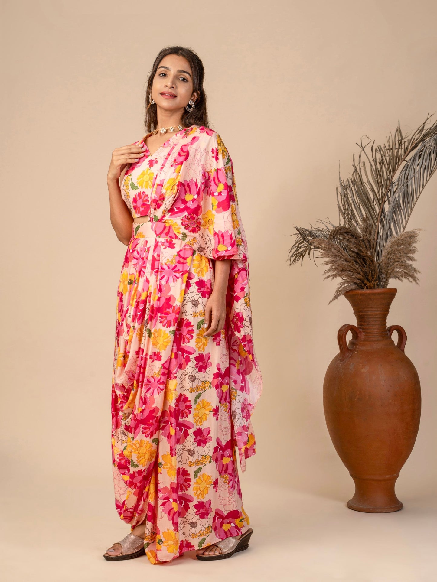 Indo-Western Draped Floral Saree with Sleeveless Blouse and HandEmbroidered Pallu
