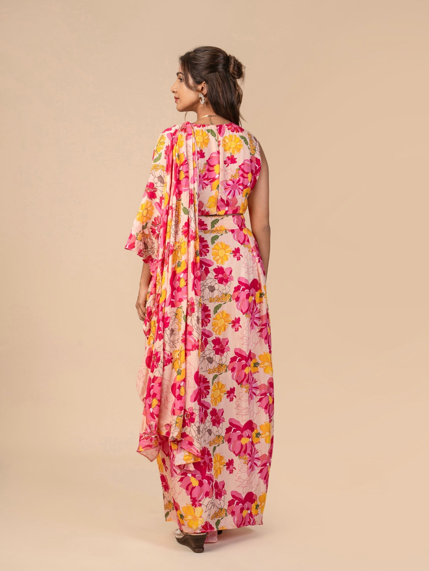 Indo-Western Draped Floral Saree with Sleeveless Blouse and HandEmbroidered Pallu