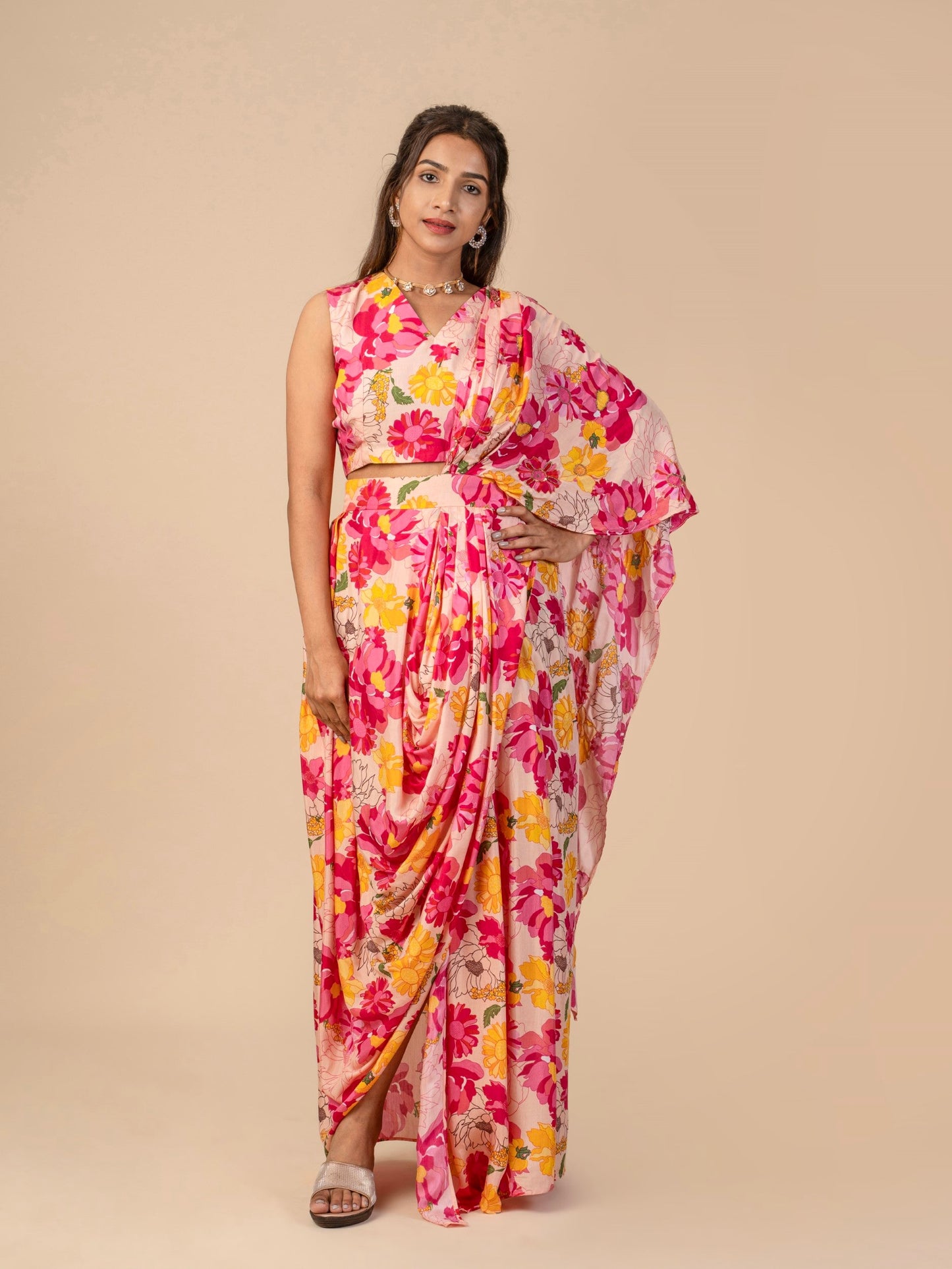 Indo-Western Draped Floral Saree with Sleeveless Blouse and HandEmbroidered Pallu