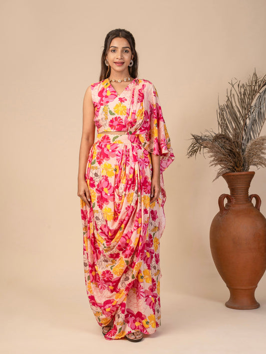 Indo-Western Draped Floral Saree with Sleeveless Blouse and HandEmbroidered Pallu