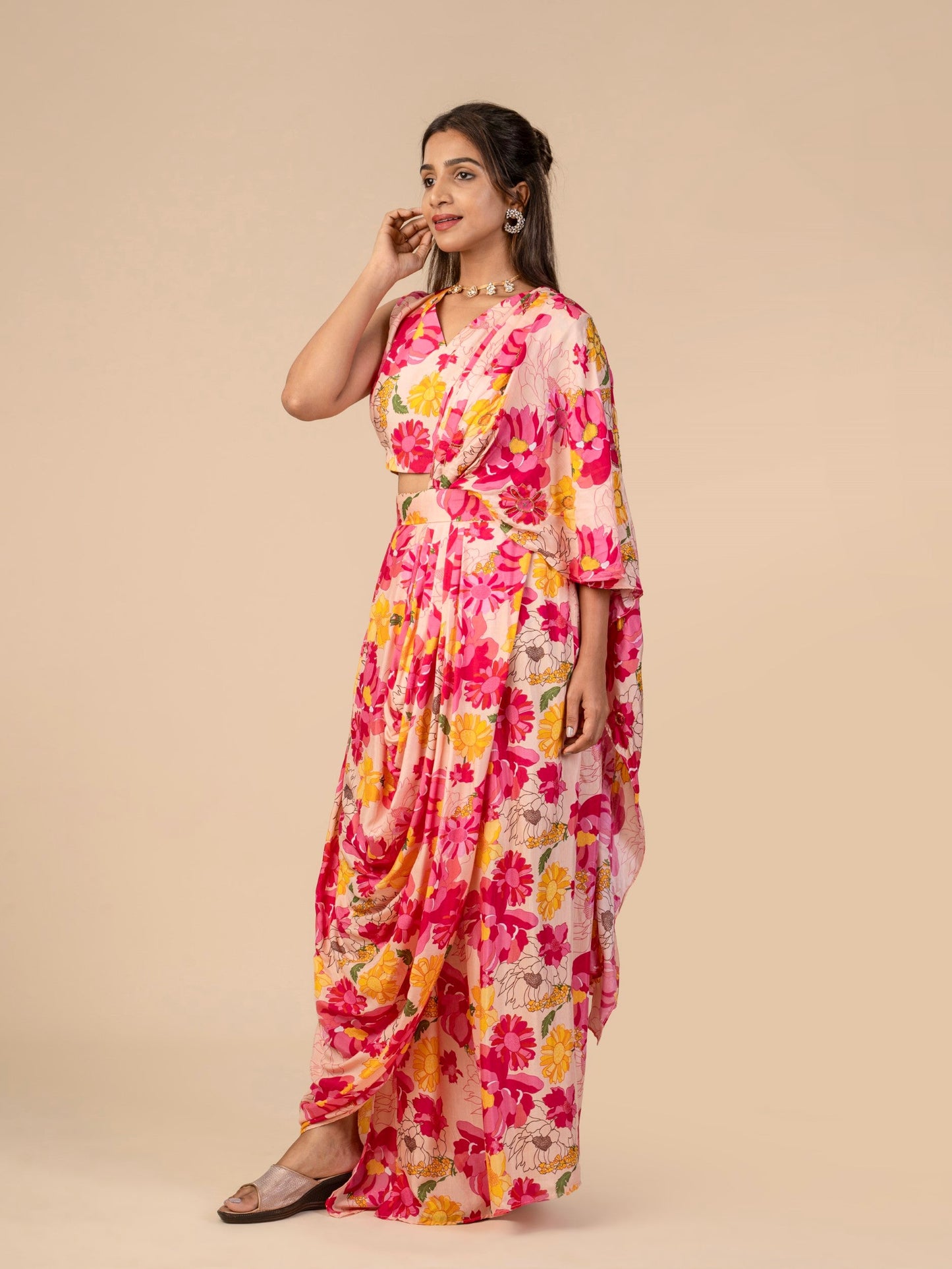 Indo-Western Draped Floral Saree with Sleeveless Blouse and HandEmbroidered Pallu