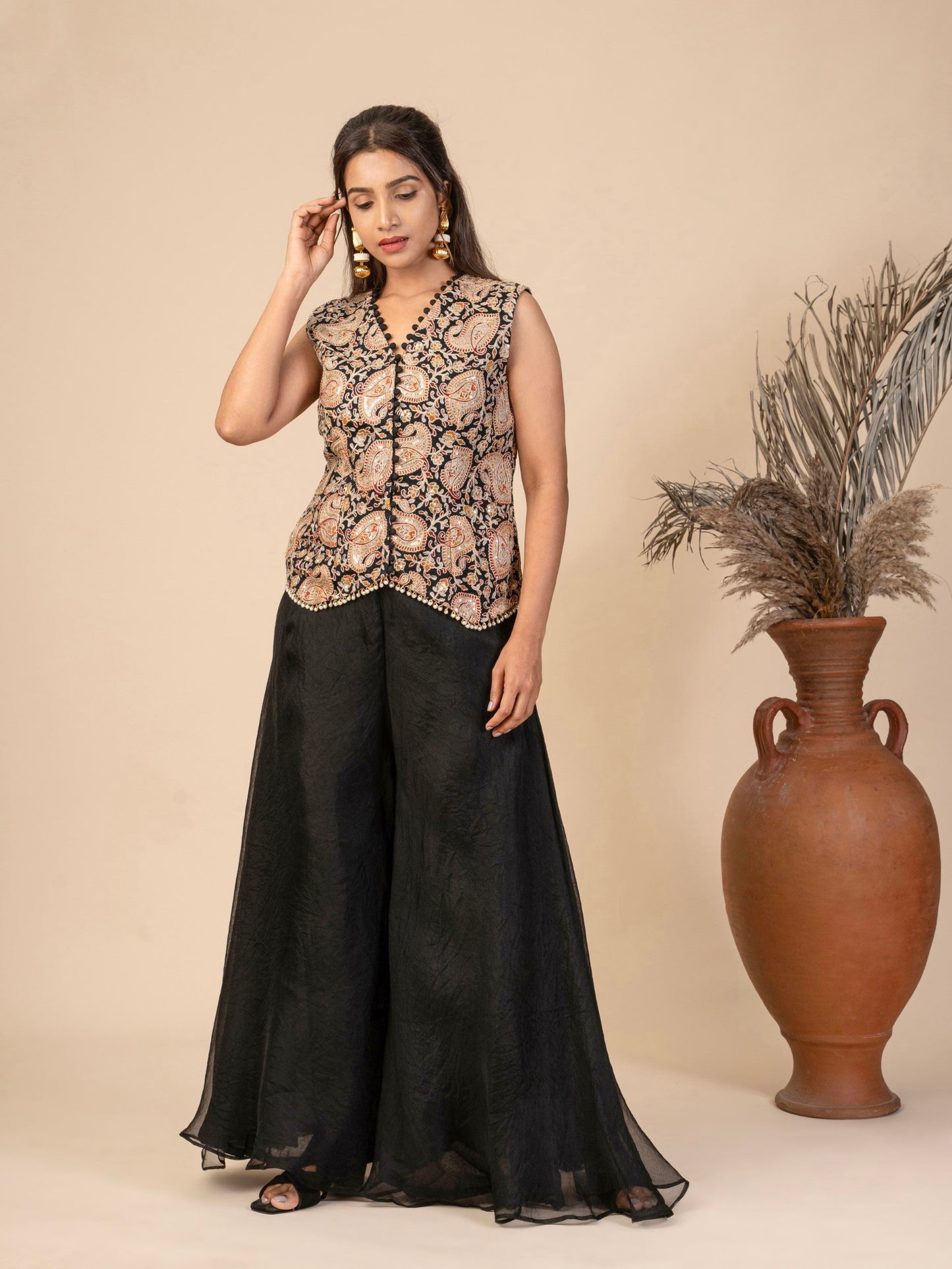 Sleeveless V-Neck Waistcoat Top with Pearl Embellishments and Flared Sharara Indo-Fusion Set
