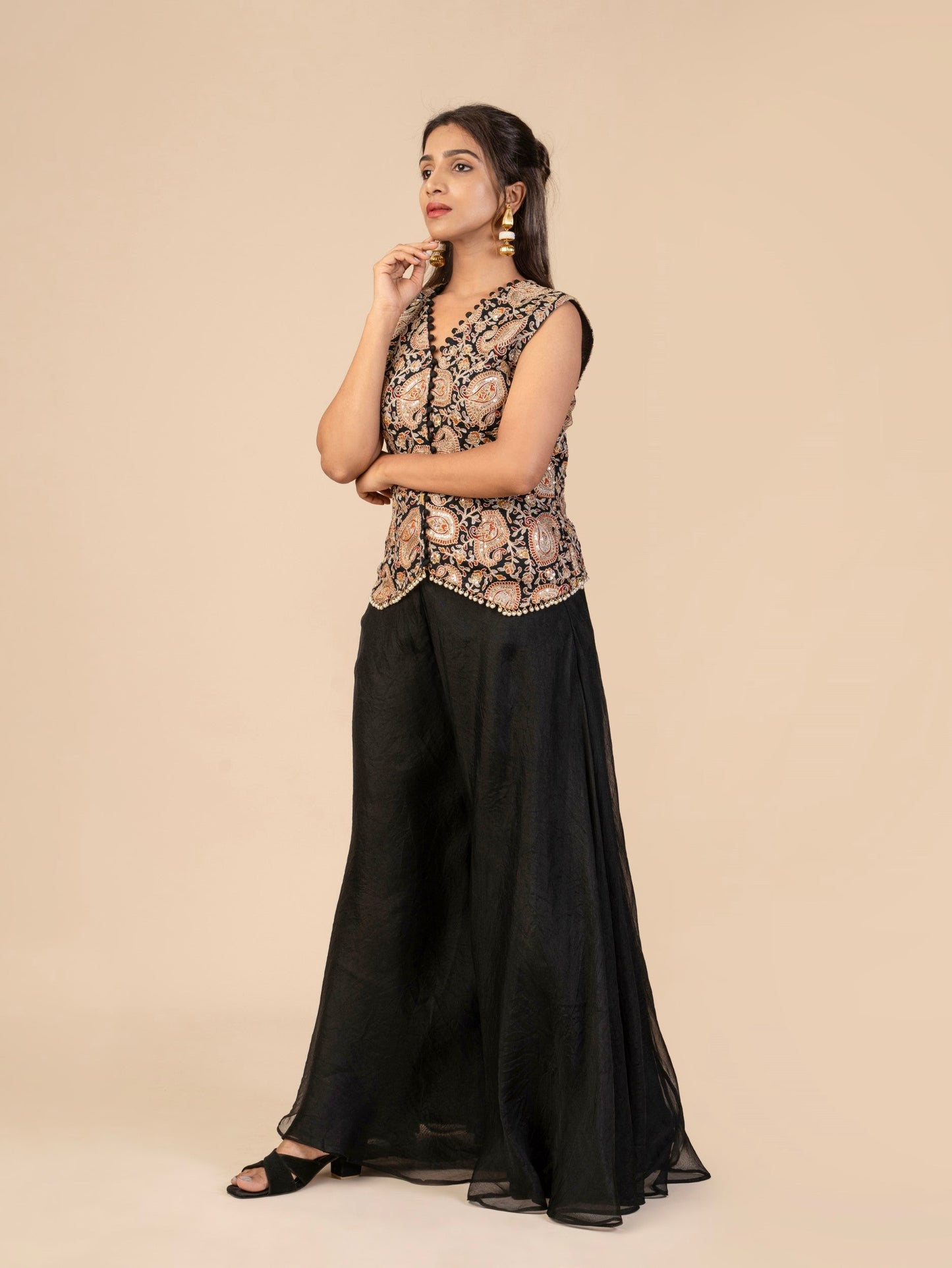 Sleeveless V-Neck Waistcoat Top with Pearl Embellishments and Flared Sharara Indo-Fusion Set