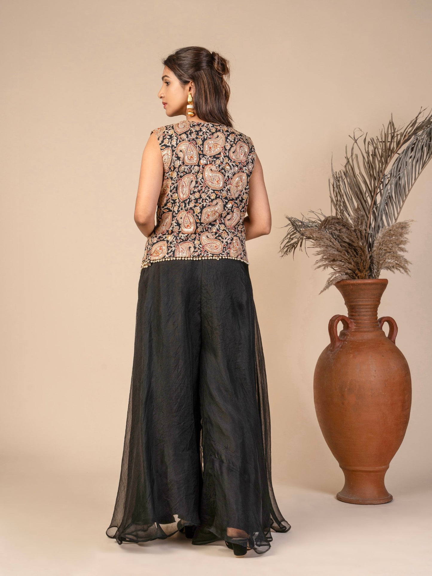 Sleeveless V-Neck Waistcoat Top with Pearl Embellishments and Flared Sharara Indo-Fusion Set
