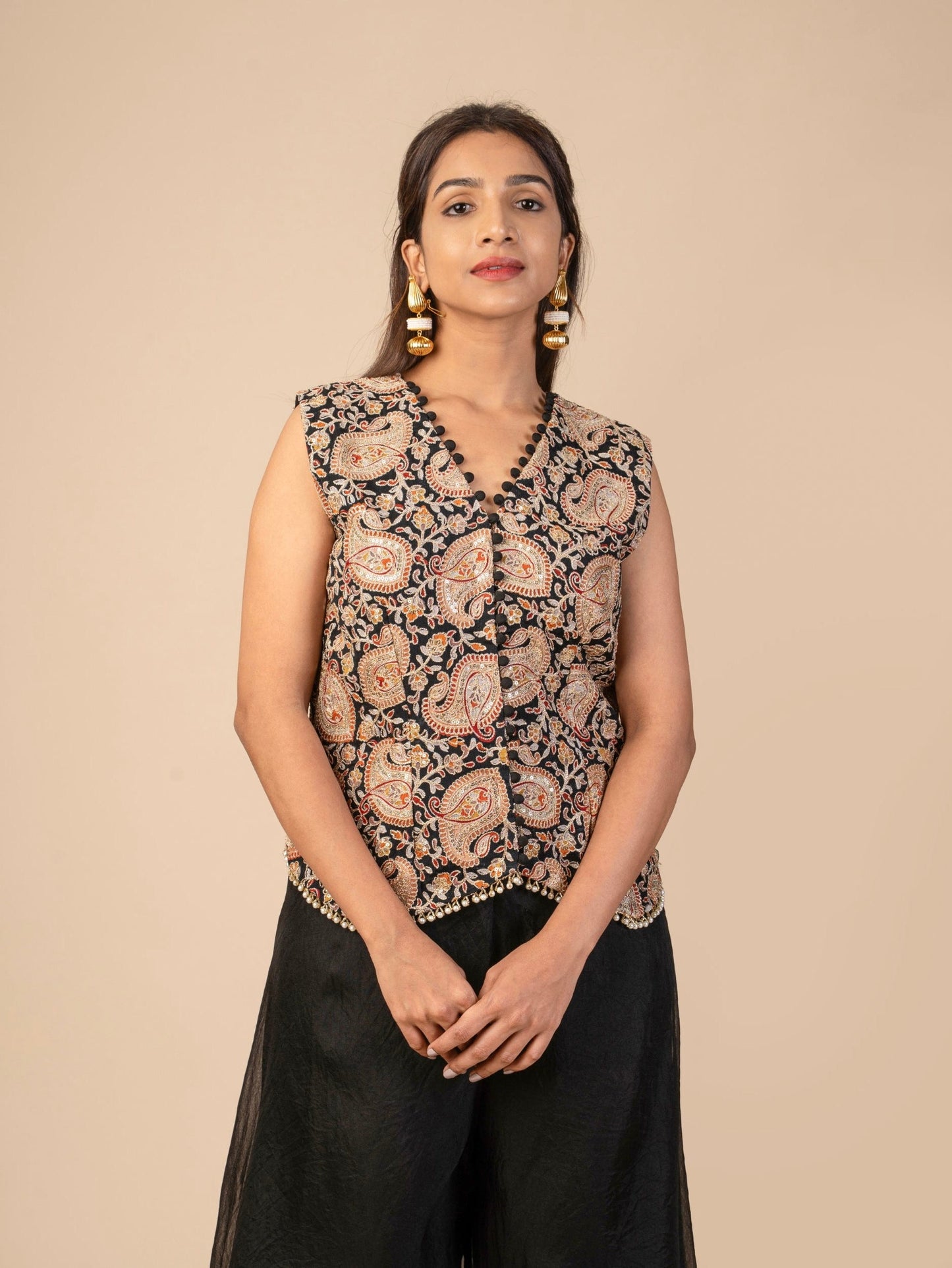 Sleeveless V-Neck Waistcoat Top with Pearl Embellishments and Flared Sharara Indo-Fusion Set