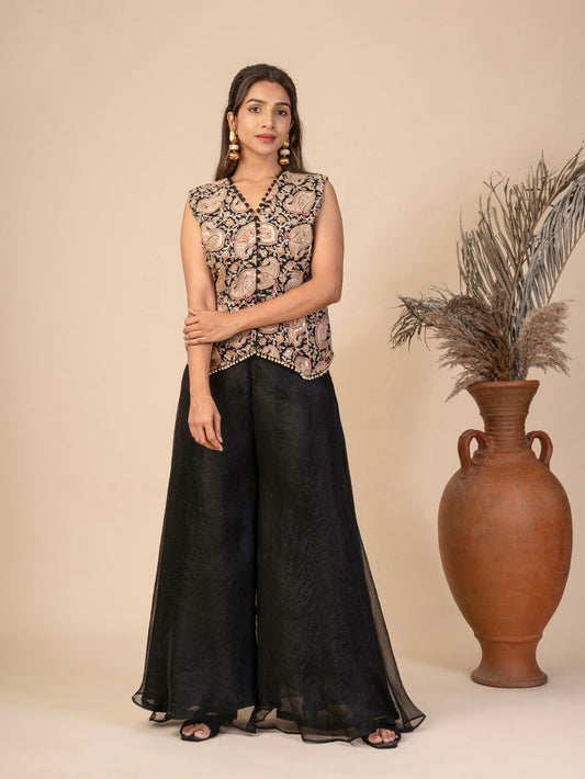 Sleeveless V-Neck Waistcoat Top with Pearl Embellishments and Flared Sharara Indo-Fusion Set