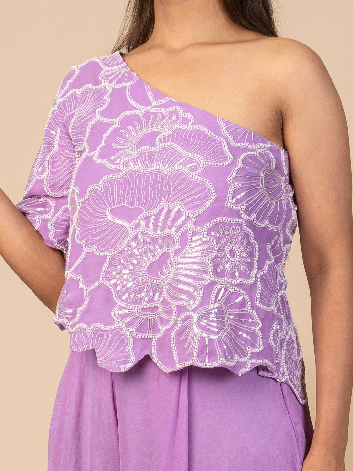 One-Shoulder Kaftan Top with Beaded Floral Embroidery and Pleated Wide-Leg Pants Co-ord Set