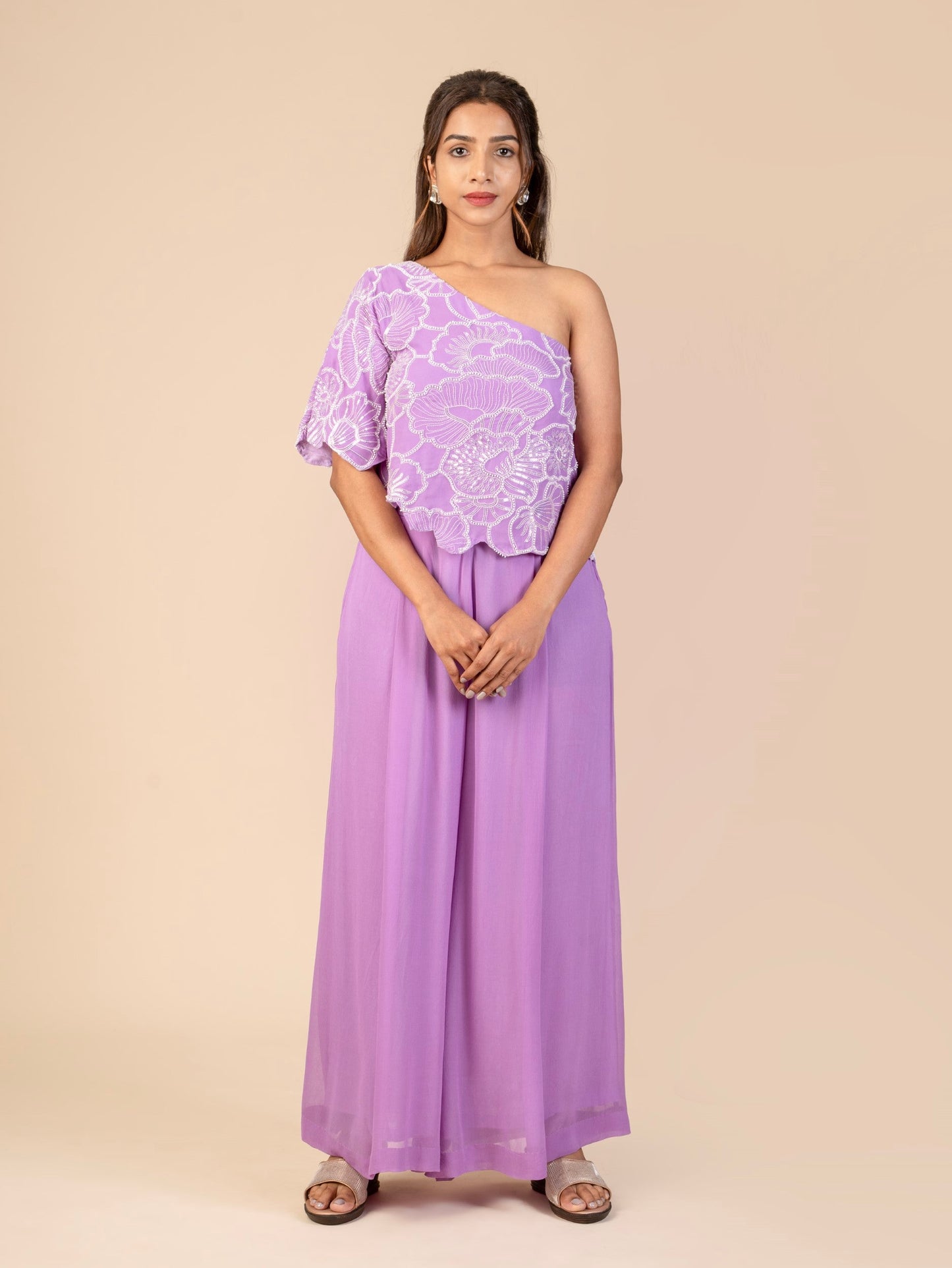 One-Shoulder Kaftan Top with Beaded Floral Embroidery and Pleated Wide-Leg Pants Co-ord Set