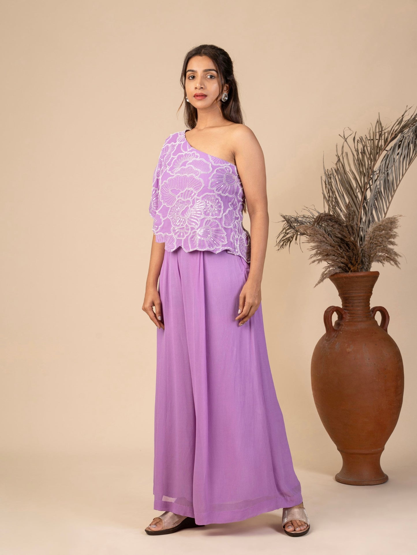 One-Shoulder Kaftan Top with Beaded Floral Embroidery and Pleated Wide-Leg Pants Co-ord Set