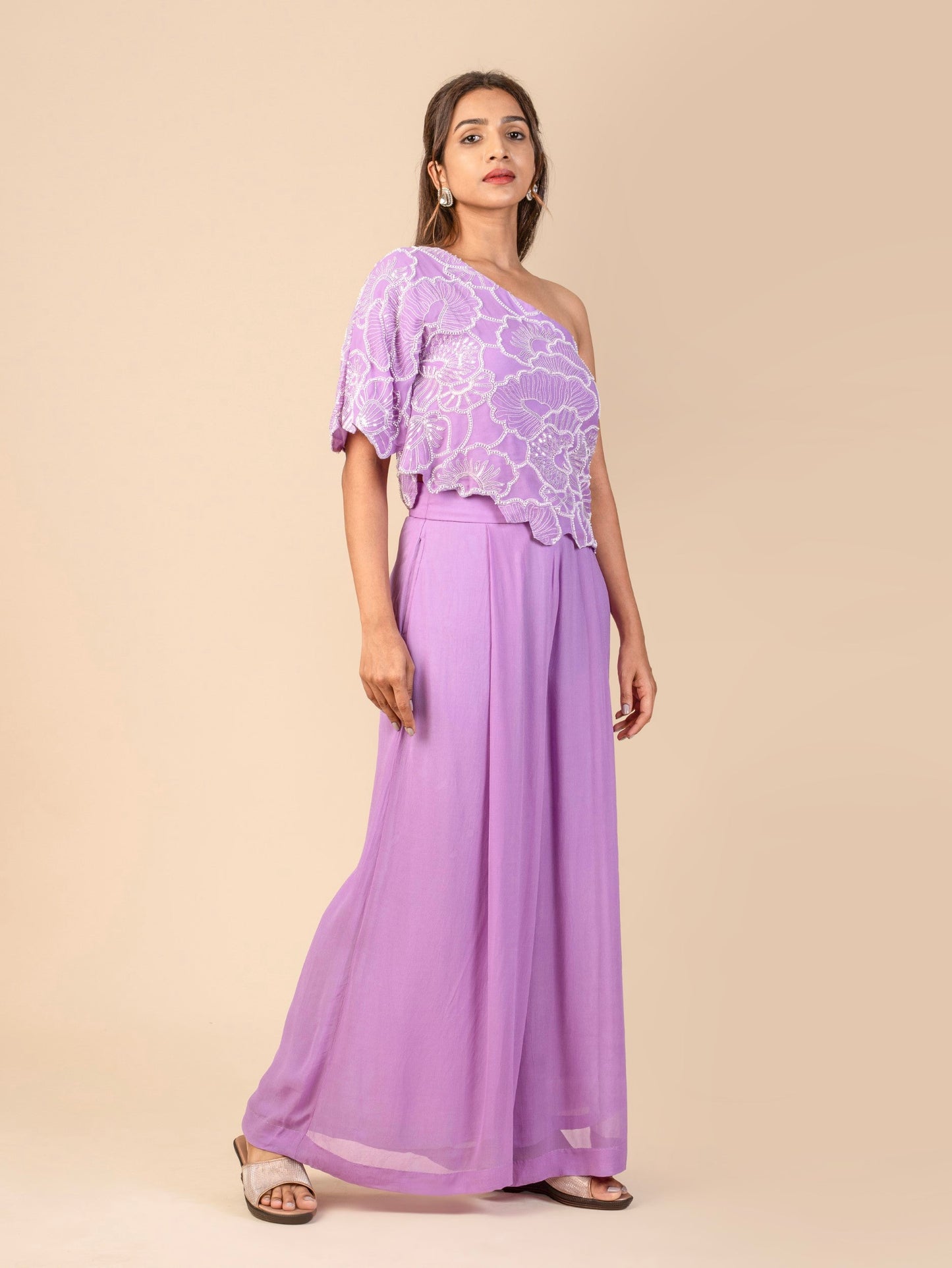 One-Shoulder Kaftan Top with Beaded Floral Embroidery and Pleated Wide-Leg Pants Co-ord Set