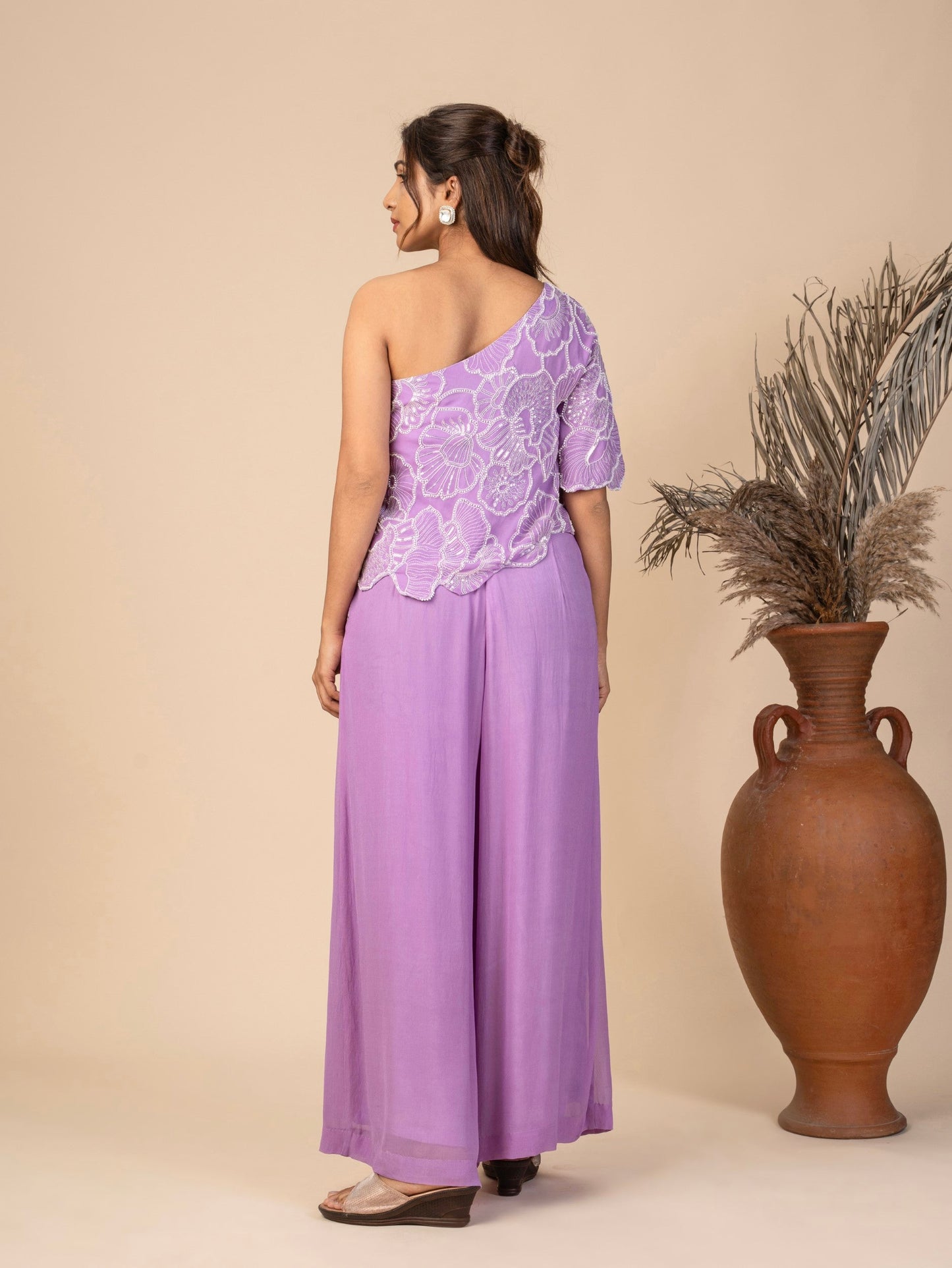 One-Shoulder Kaftan Top with Beaded Floral Embroidery and Pleated Wide-Leg Pants Co-ord Set