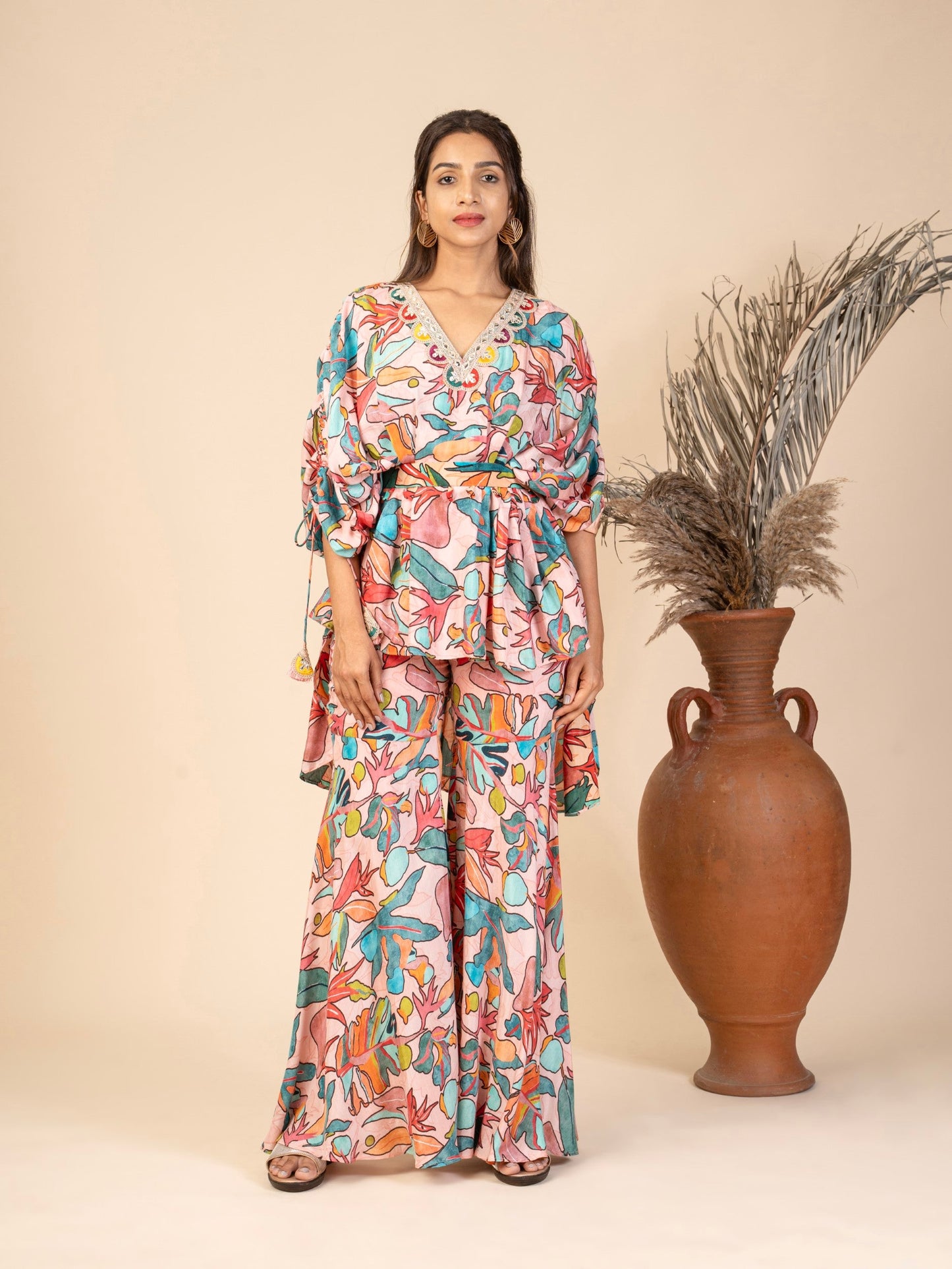 Floral Pleated High-Low Kaftan Top with Gota Lace and Bell-Bottom Sharara Pants Co-ord Set
