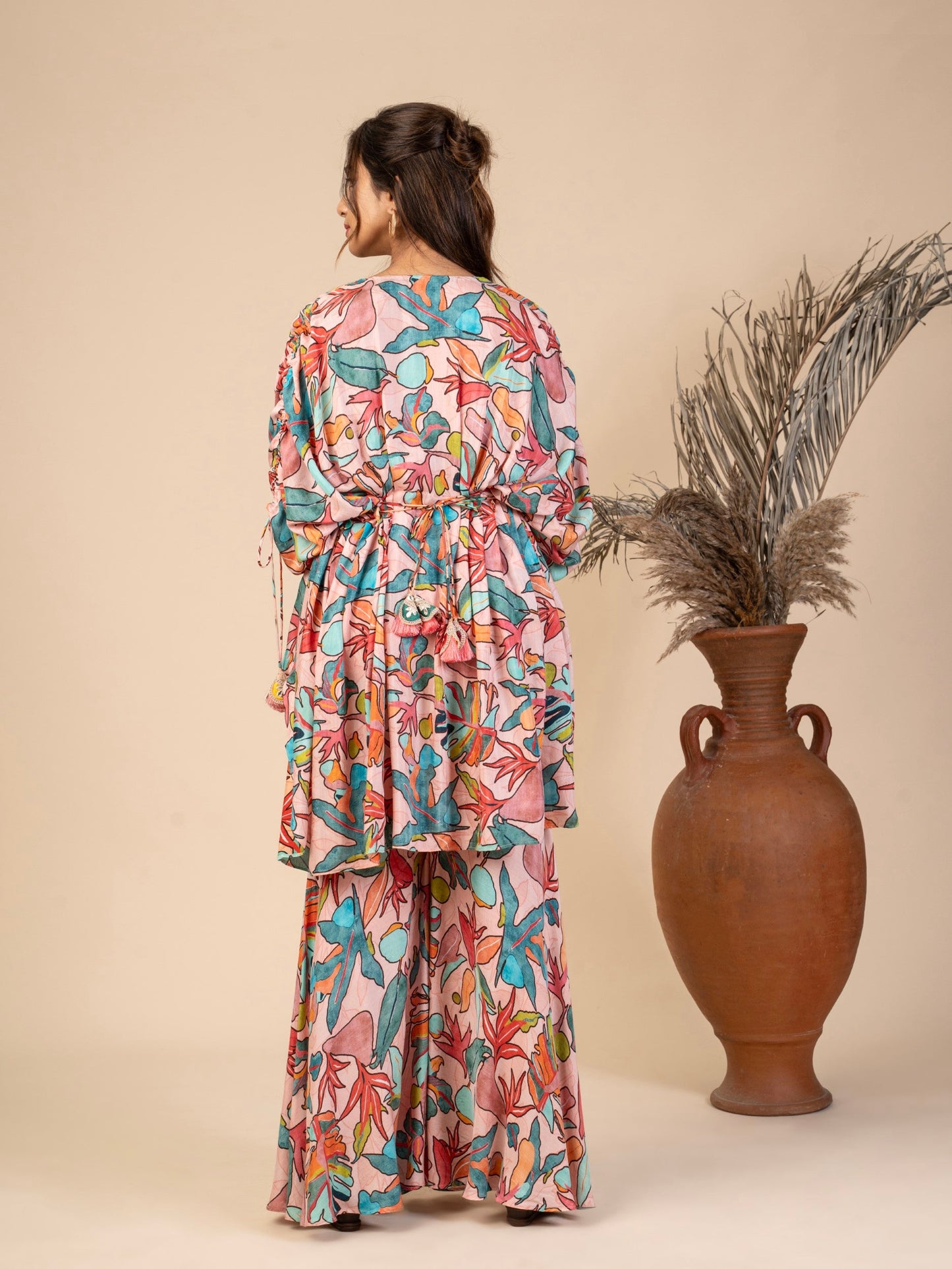 Floral Pleated High-Low Kaftan Top with Gota Lace and Bell-Bottom Sharara Pants Co-ord Set