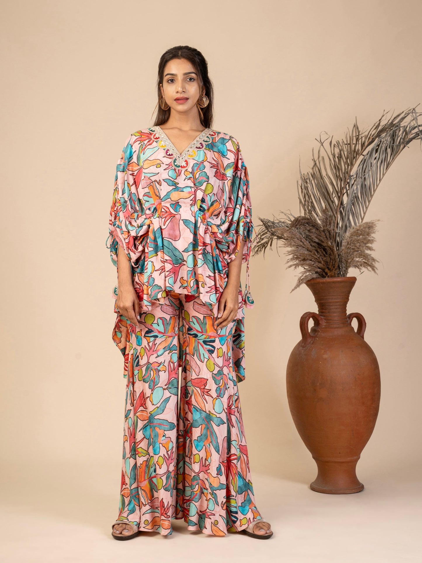 Floral Pleated High-Low Kaftan Top with Gota Lace and Bell-Bottom Sharara Pants Co-ord Set