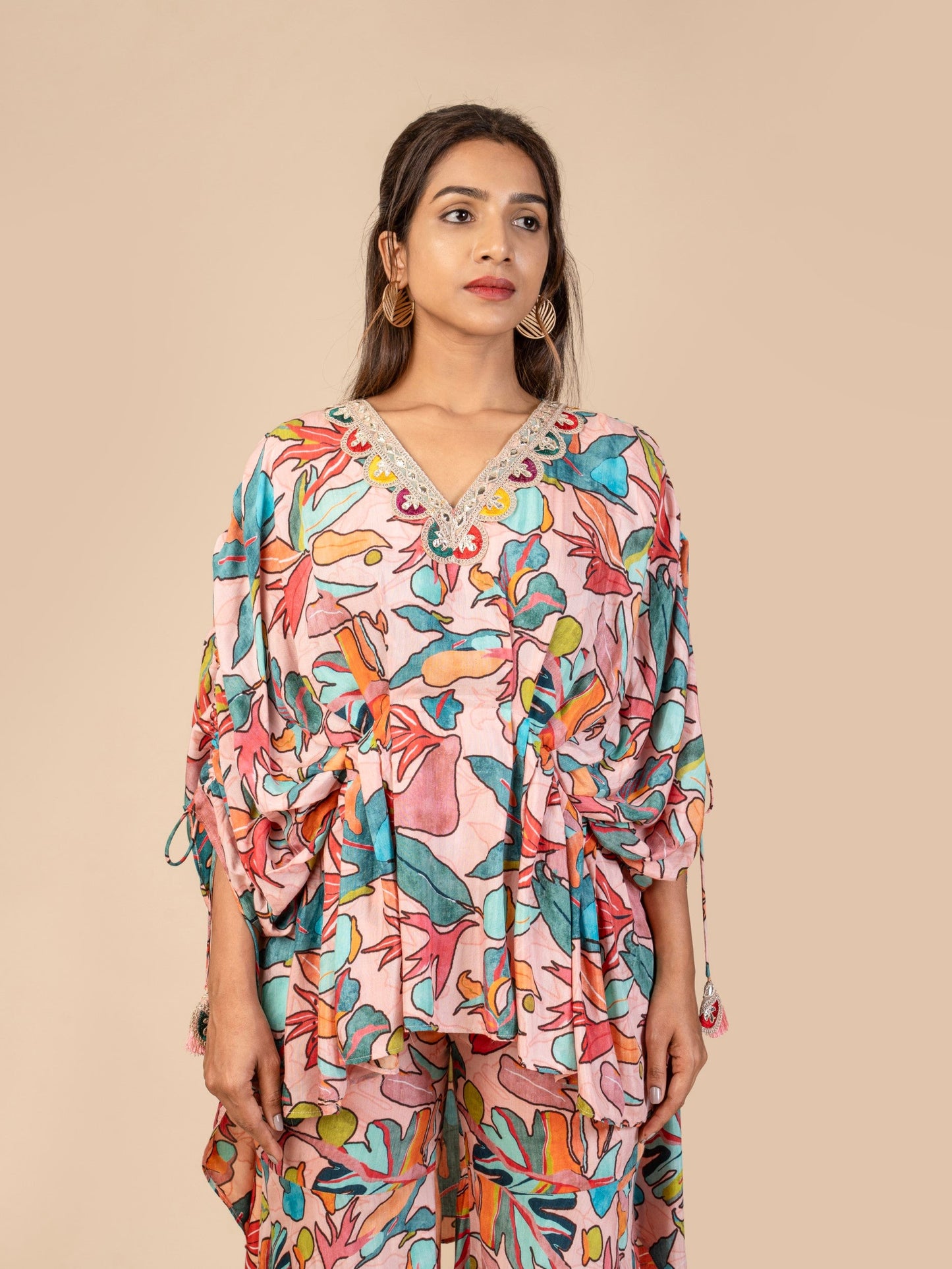 Floral Pleated High-Low Kaftan Top with Gota Lace and Bell-Bottom Sharara Pants Co-ord Set