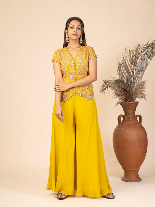 Cap-Sleeve V-Neck Waistcoat Top with Pearl Embellishments and Flared Sharara Indo-Fusion Set