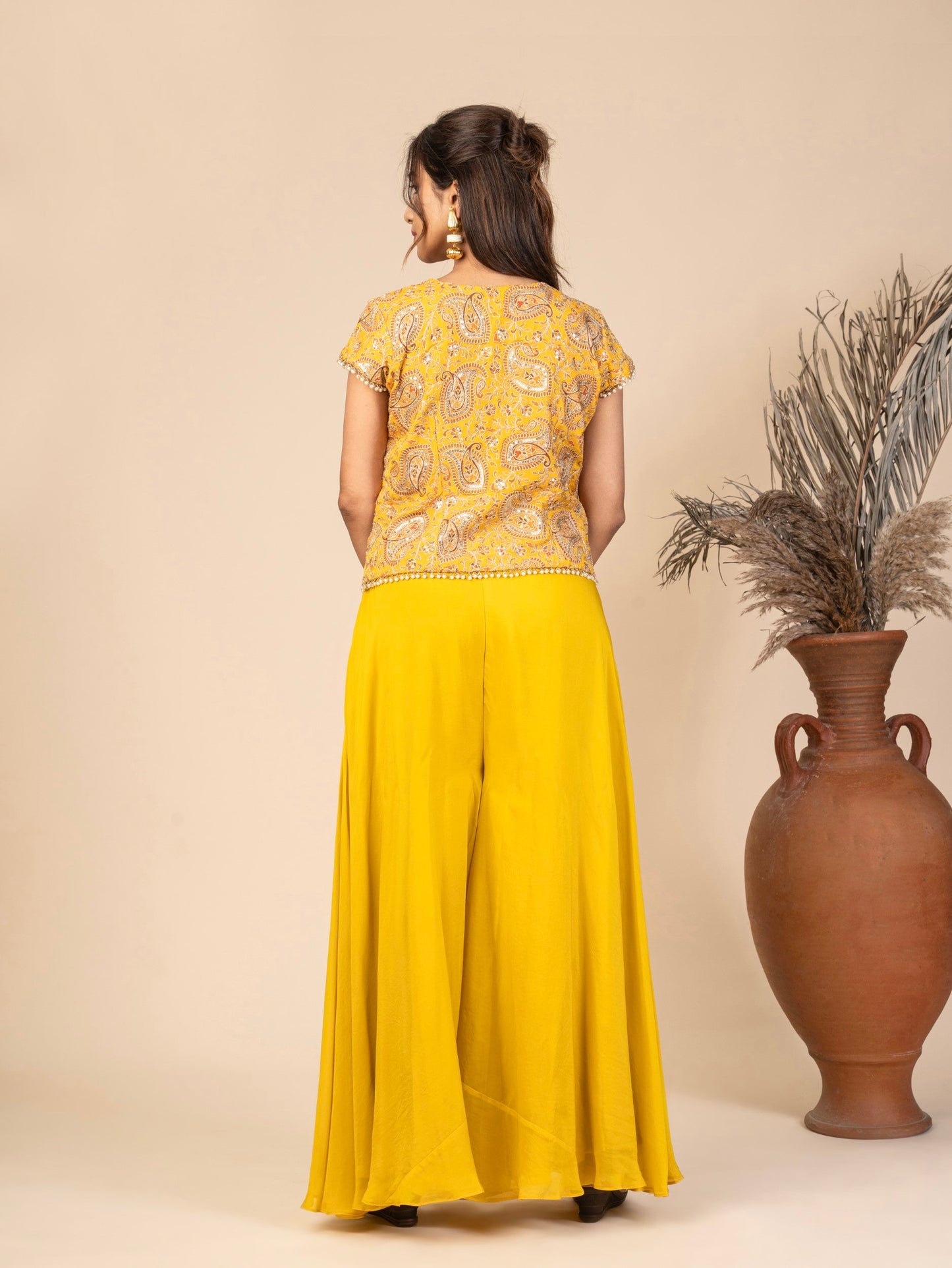 Cap-Sleeve V-Neck Waistcoat Top with Pearl Embellishments and Flared Sharara Indo-Fusion Set