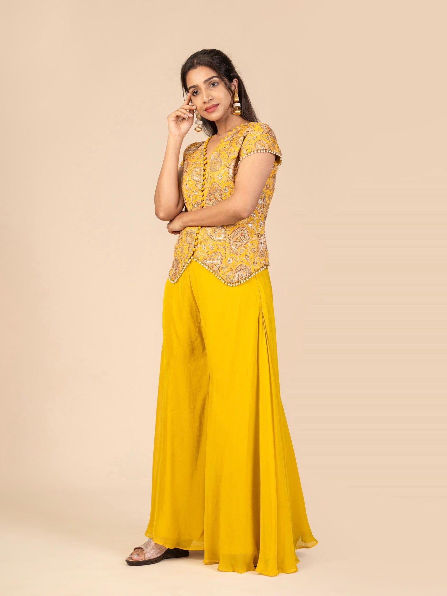 Cap-Sleeve V-Neck Waistcoat Top with Pearl Embellishments and Flared Sharara Indo-Fusion Set
