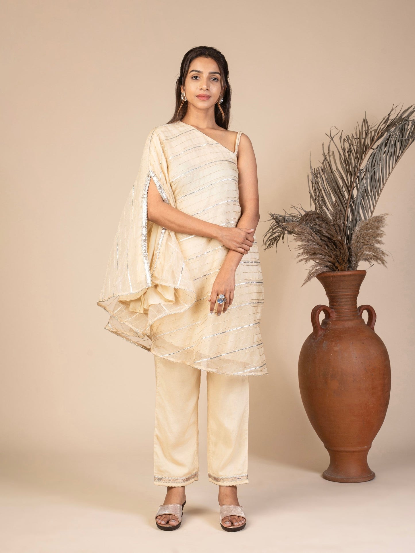 One-Shoulder Kaftan Kurta and Straight Pants with Gota Detailing