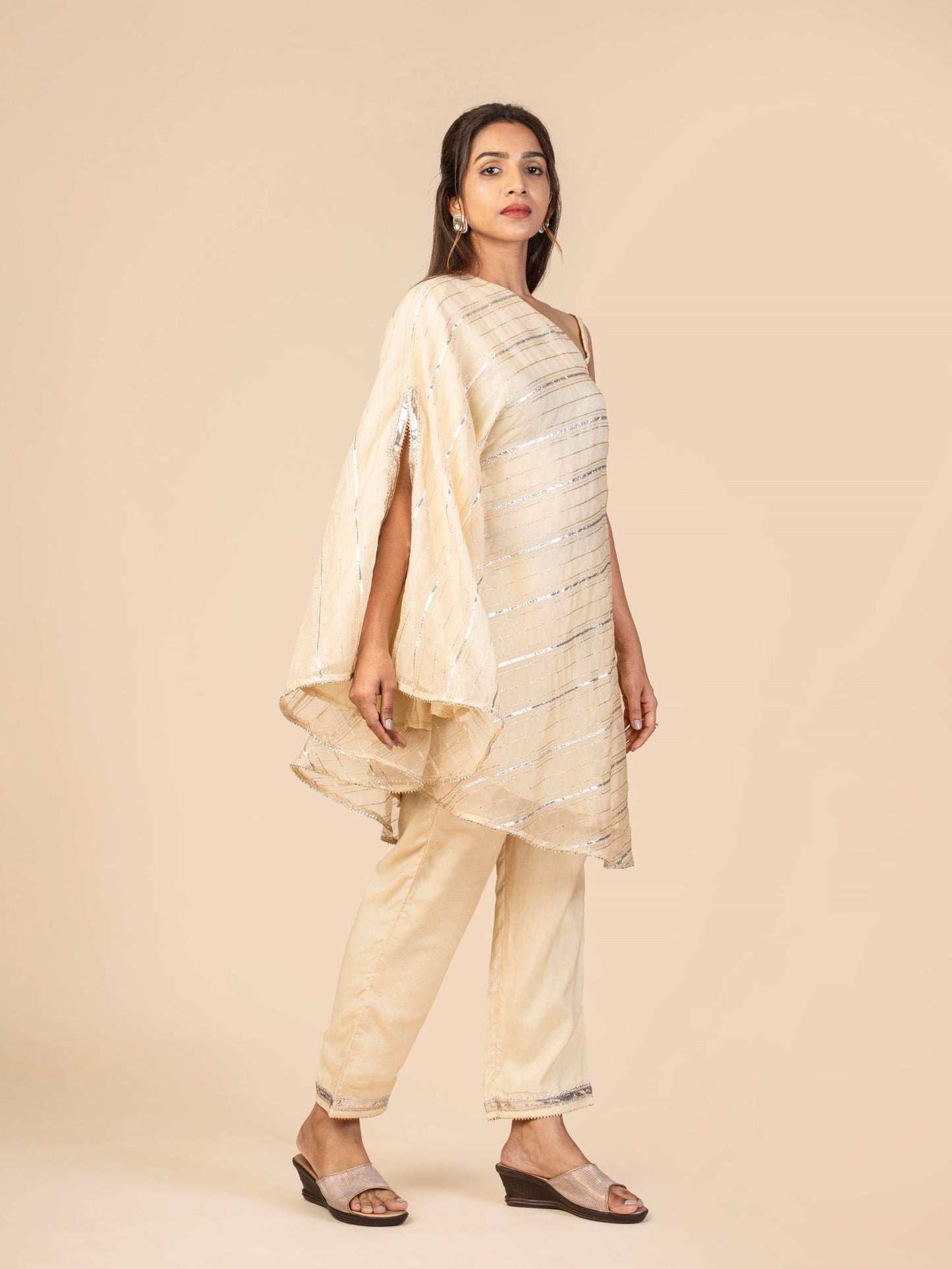 One-Shoulder Kaftan Kurta and Straight Pants with Gota Detailing