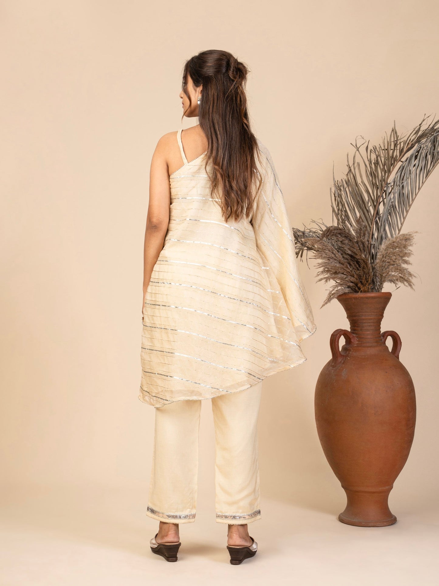 One-Shoulder Kaftan Kurta and Straight Pants with Gota Detailing