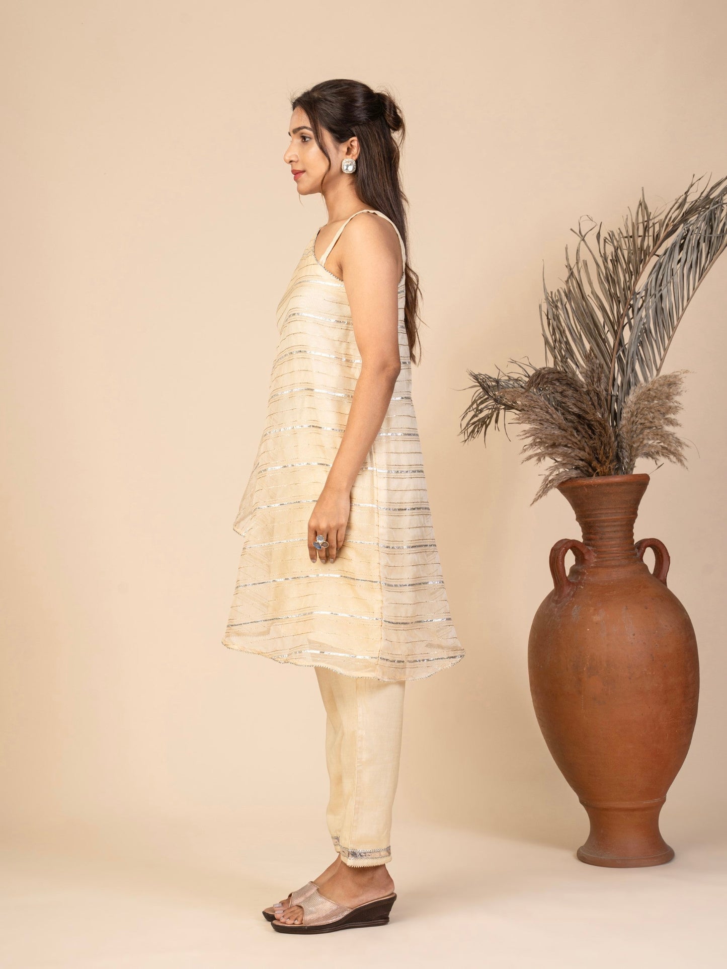 One-Shoulder Kaftan Kurta and Straight Pants with Gota Detailing