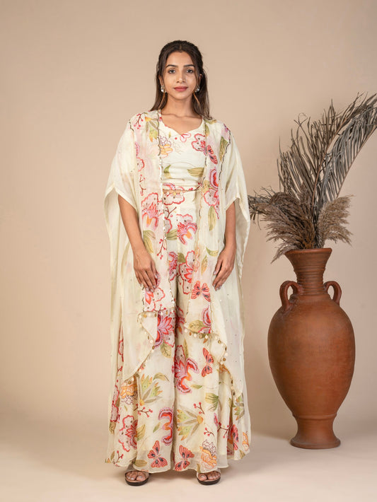 Three-Piece Indo-Western Set with Crop Top, Flared Sharara, and Scalloped Cape embellished with coins and shells