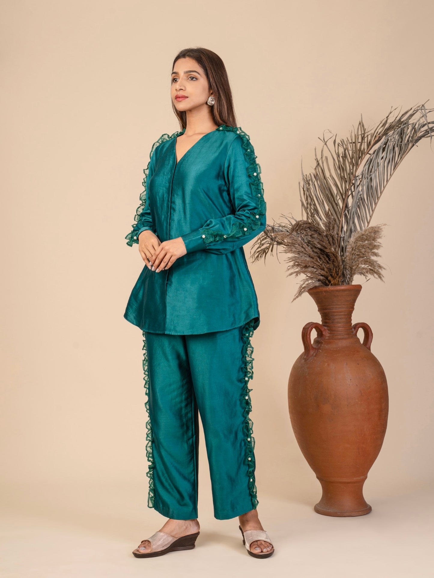 A-Line Long Shirt and Straight Pants with Organza Ruffle & PearlEmbellishment Co-ord Set