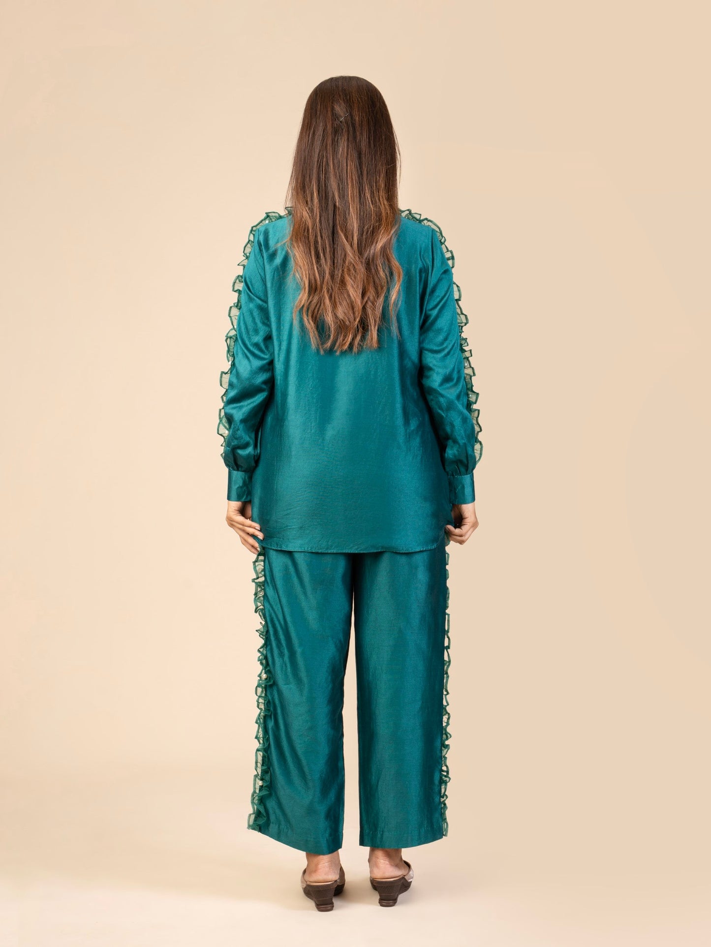 A-Line Long Shirt and Straight Pants with Organza Ruffle & PearlEmbellishment Co-ord Set