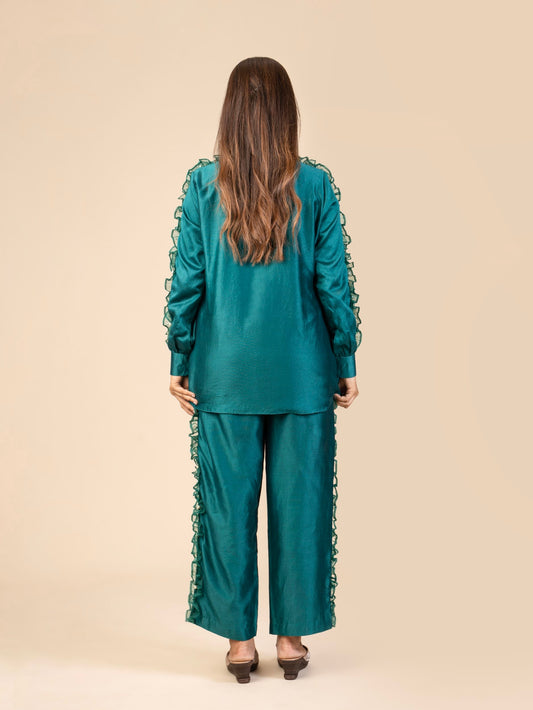 A-Line Long Shirt and Straight Pants with Organza Ruffle & PearlEmbellishment Co-ord Set