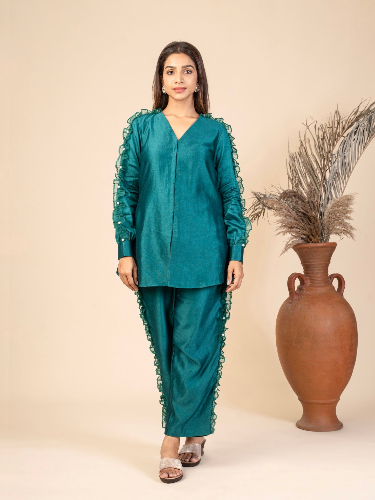 A-Line Long Shirt and Straight Pants with Organza Ruffle & PearlEmbellishment Co-ord Set