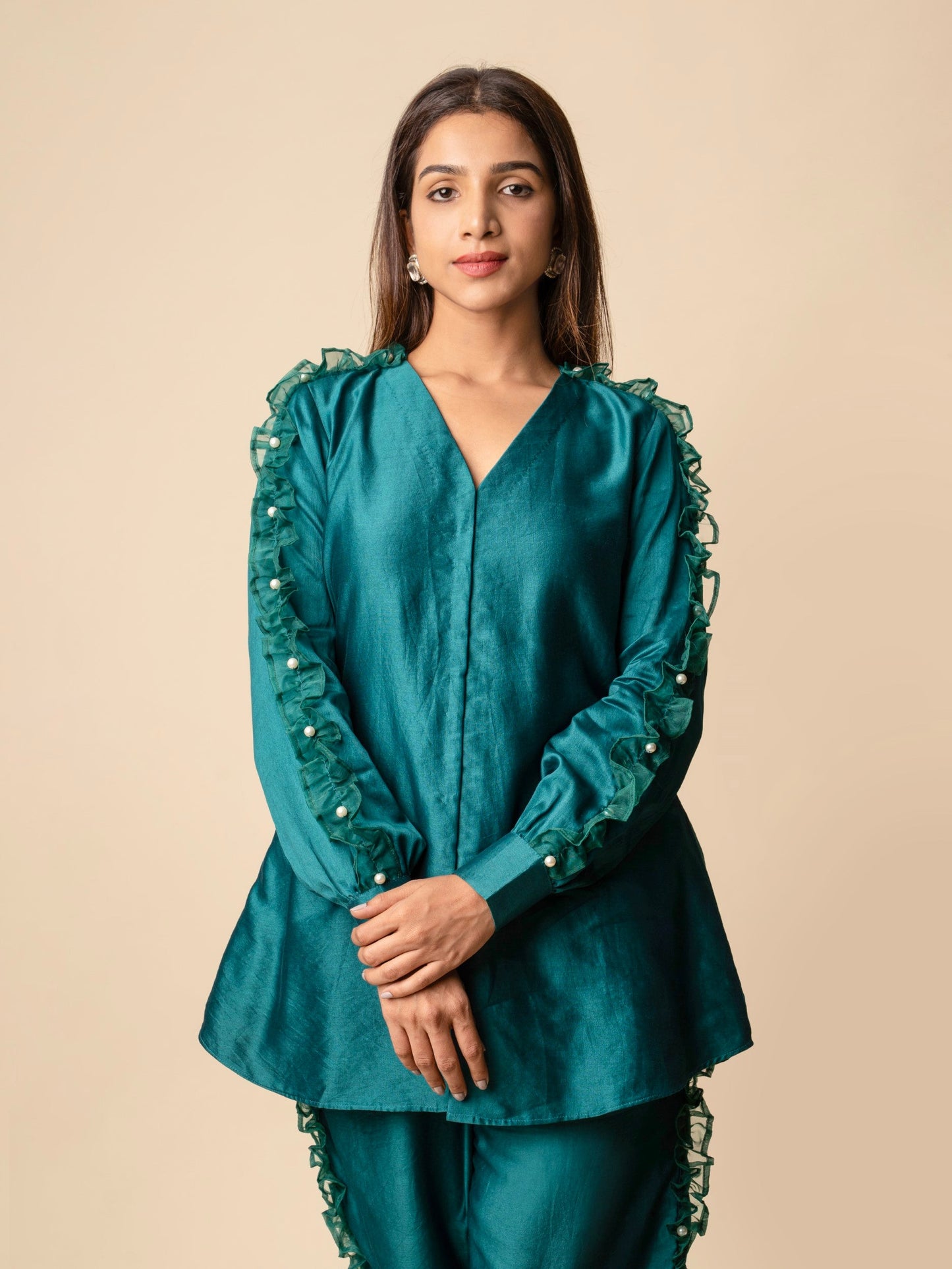 A-Line Long Shirt and Straight Pants with Organza Ruffle & PearlEmbellishment Co-ord Set